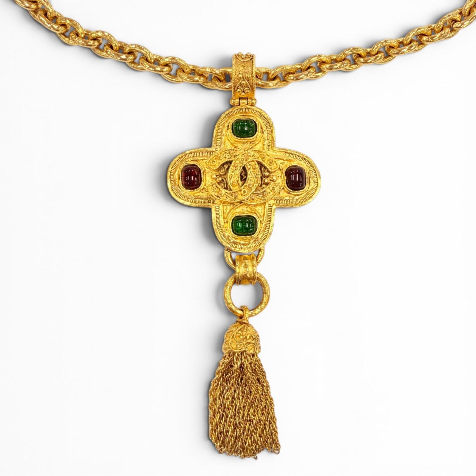 CHANEL Vintage 94A Coco Mark Gripoix Cross Fringe Long Necklace, Rare Gold, Made in France, Women\'s