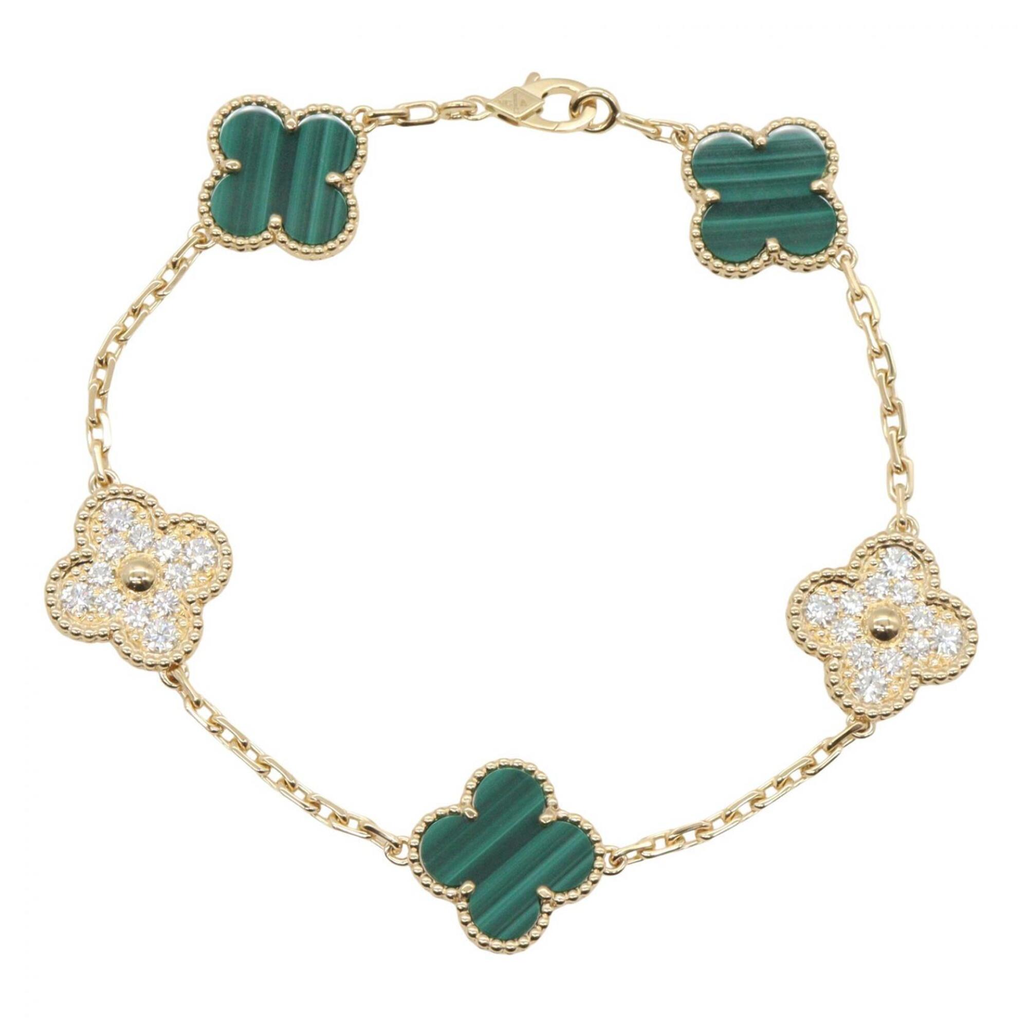 Van Cleef & Arpels Vintage Alhambra 5-Motif Malachite Diamond Bracelet, 18K (Yellow Gold), Diamond,