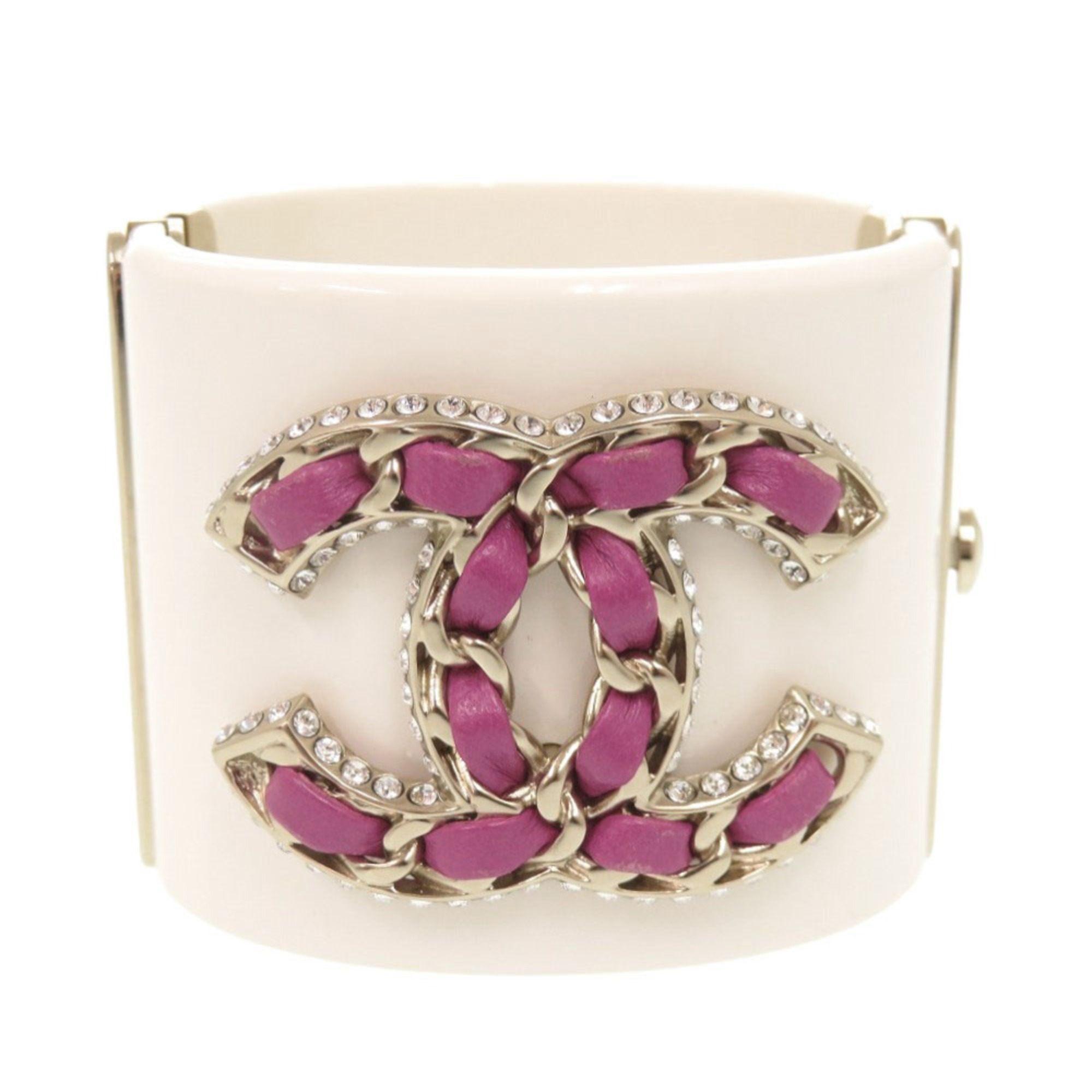 Excellent condition Chanel Coco Mark plastic metal rhinestone white bangle bracelet 1529CHANEL