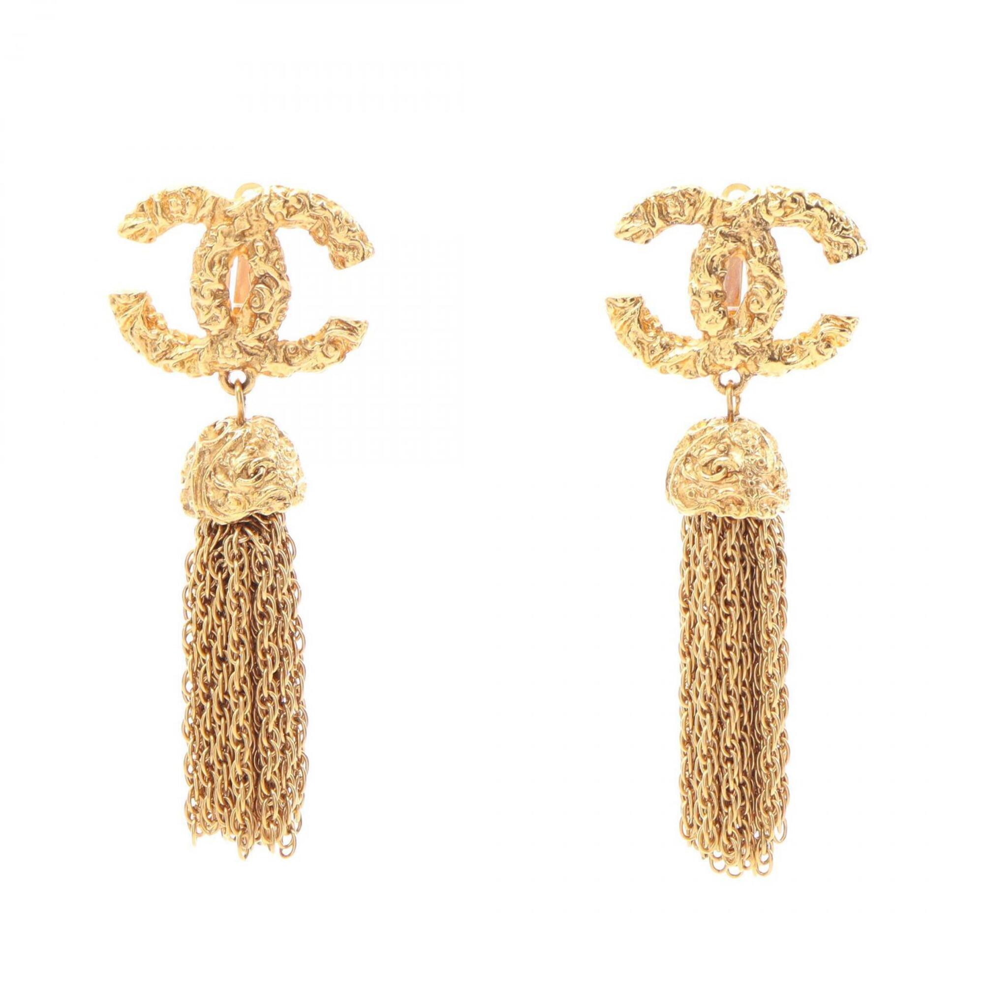 Chanel Coco Mark Fringe Swing Earrings, Gold Plated (GP), Women\'s, Tone