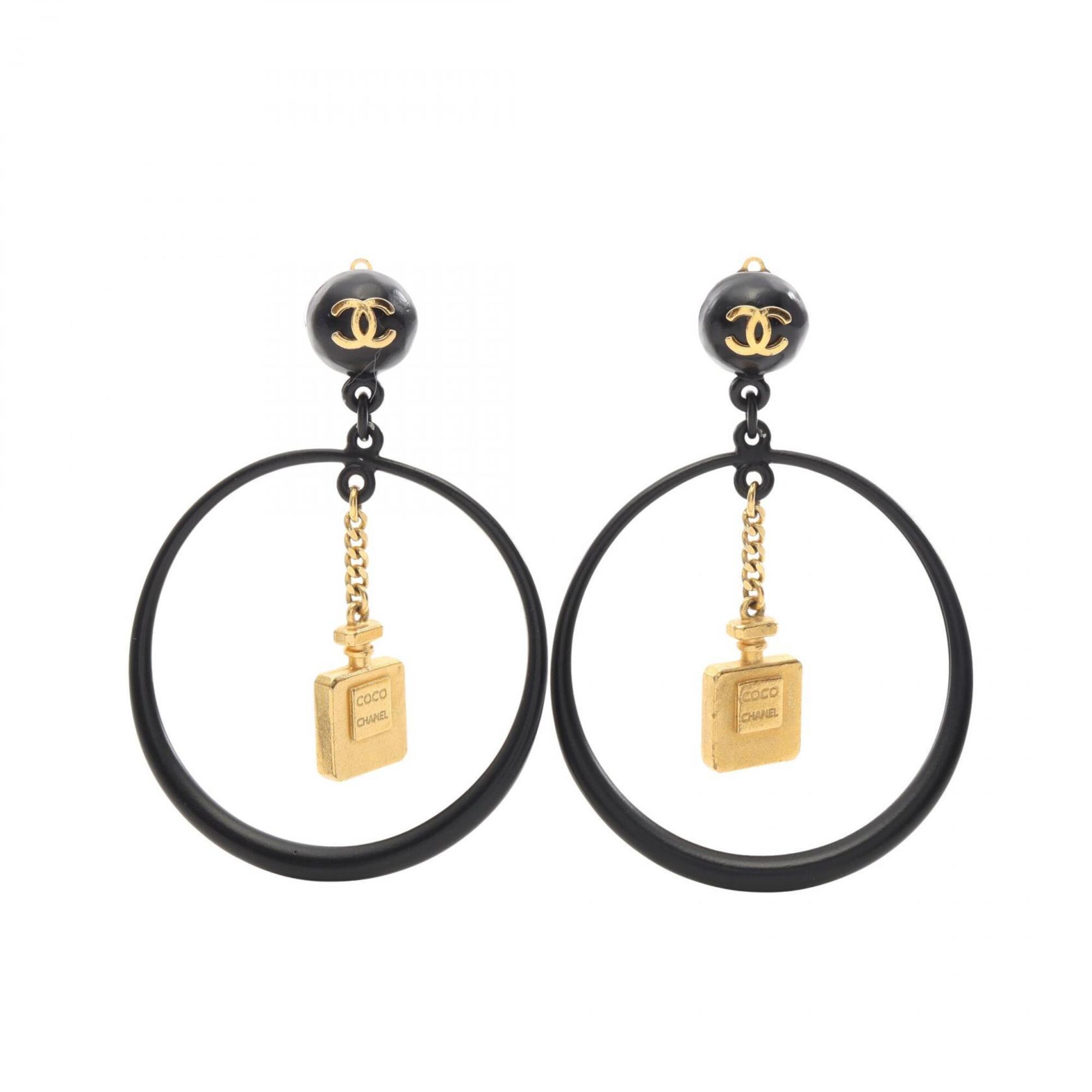Chanel Coco Mark Perfume Bottle Motif Hoop Earrings, Gold Plated (GP), Women\'s, Black/Gold Tone
