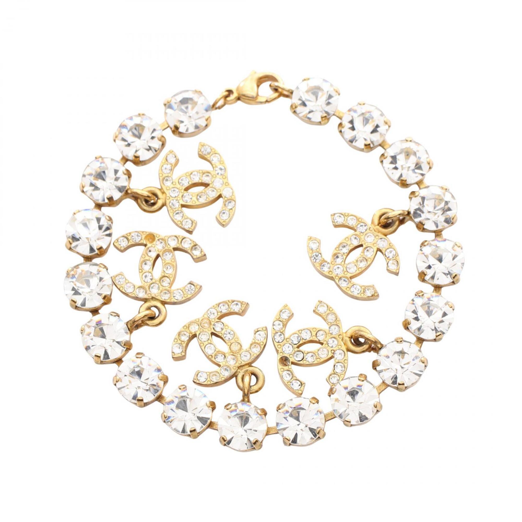 Chanel Coco Mark Bracelet, Gold Plated (GP), Crystal Rhinestone, Women\'s, Gold/Clear Tones