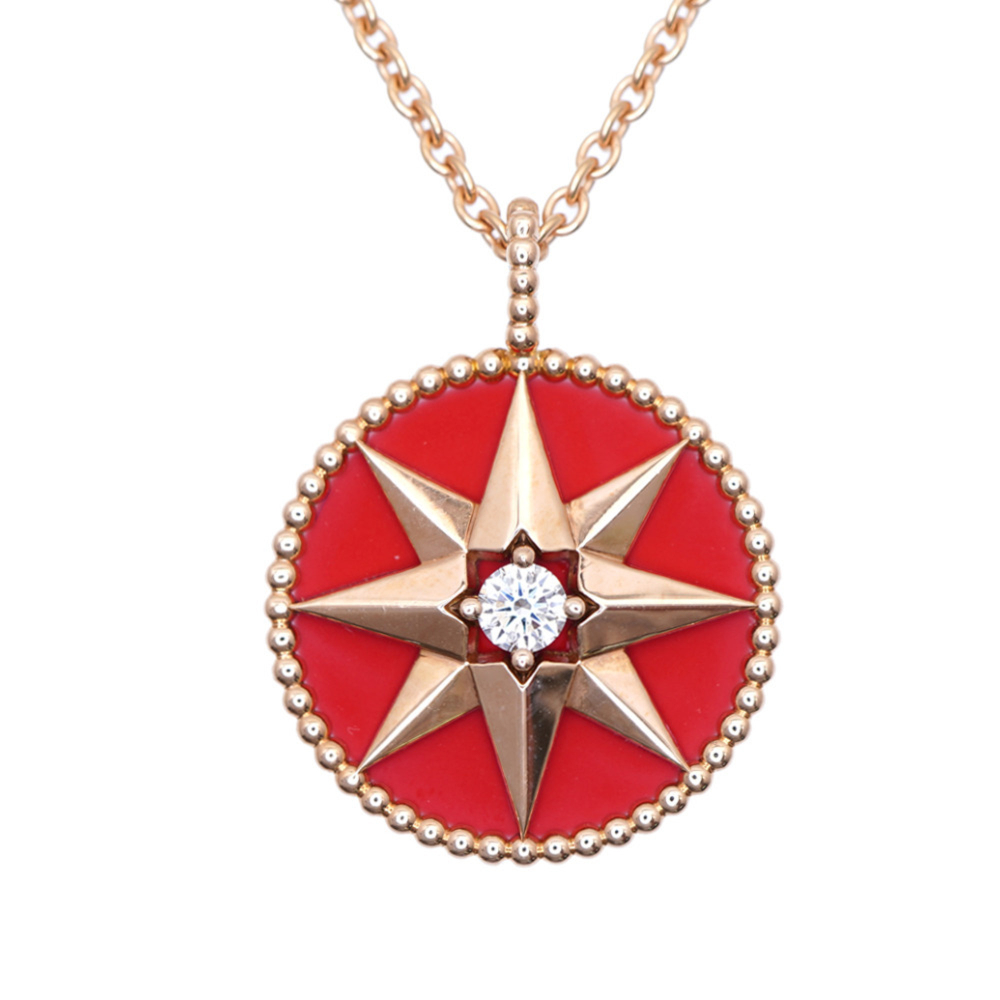 Christian Dior Dior Rose des Vents 1P Diamond 750PG Necklace 18KPG Pink Gold Red Ceramic Jewelry 167