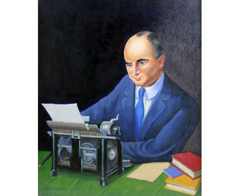 Michael O'Nuallain (1928 - 2016) Irish"Brian O'Nuallain aka Flann O'Brien," half length Portrait of the author seated at type