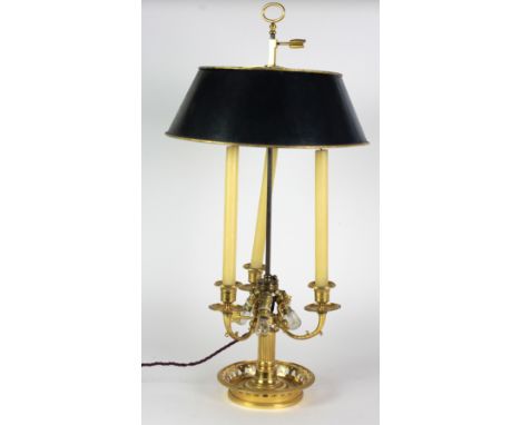An attractive Adams style ormolu three branch Table Lamp, with dolphin design on a pierced circular base, with painted shade.