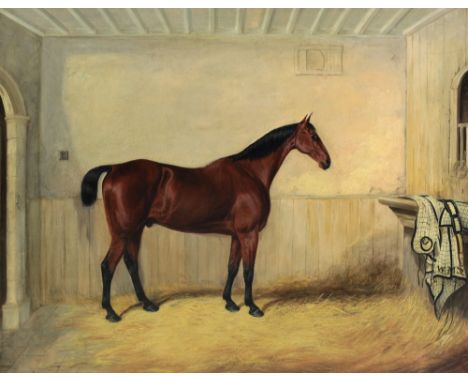 Late 19th Century English School"Portrait of a Chestnut Horse in Stable Interior," with horse attire, monogram W.M.S. draped 