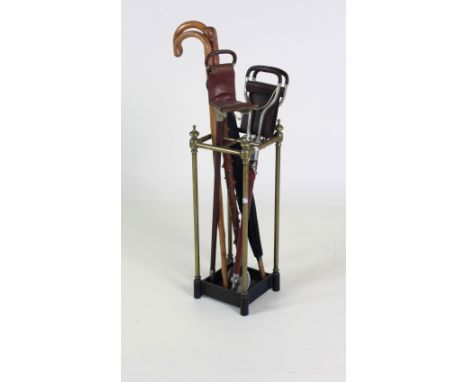 A brass Stick and Umbrella Stand, together with Walking Sticks and Portable Seat, as a lot. 