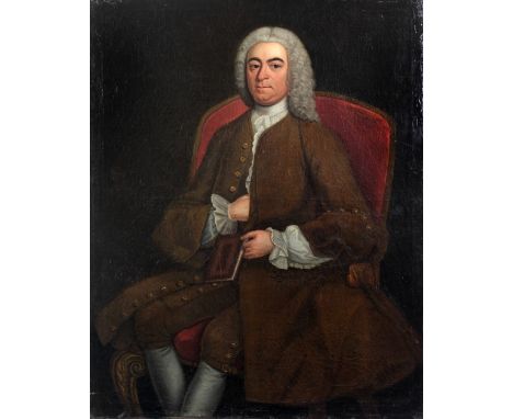 18th Century Irish SchoolA large "Portrait of a Gentleman in grey Wig, in country attire seated in Gainsborough type Chair wi