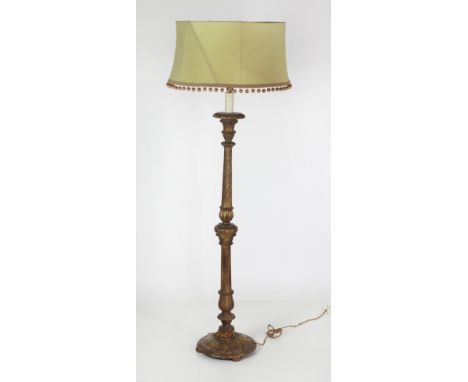 A giltwood Lamp Standard and shade, with turned and fluted upright, on circular base. (1)