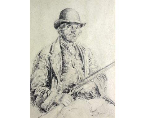 E.H. Lacey, British (1892 - 1967)"Quantocks, Somerset - Gamekeeper," pencil sketch, portrait of a seated Gentleman in bowler 