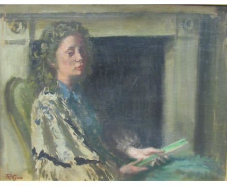 Robin Guthrie. 20th Century English School"Portrait of a Lady," O.O.C., depicting a lady seated by a fireplace with folded fa