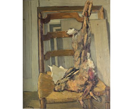 Pouchol, 20th Century French SchoolStill Life, "Dead Game, Rabbit draped on ladder back chair," O.O.C., approx. 61cms x 51cms