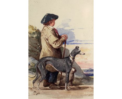 Robert Richard Scanlan (Fl. 1826 - 1864)"Young boy in hat and with walking stick, beside dog and greyhound in extensive lands