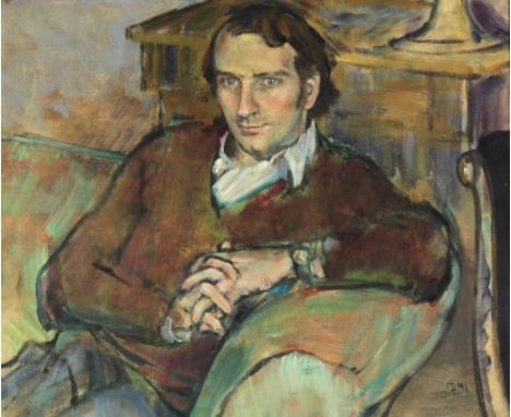 Derek Hill, CBE, HRHA (1916 - 2000)"Portrait of a Gentleman seated," half length Portrait of a Gentleman seated with hands jo