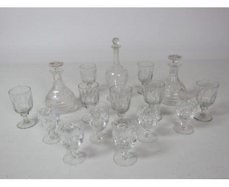 Glassware: An attractive etched glass Decanter and stopper, decorated with flowers on circular base; a pair of heavy Waterfor