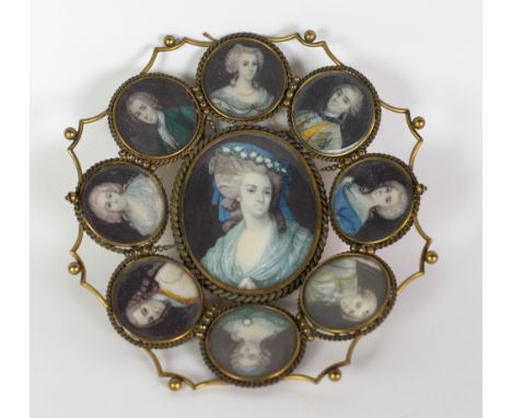 An attractive brass Skeleton Basket, with eight circular hand painted ivory miniatures of ladies and gentlemen in elegant att