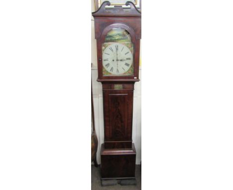 An early 19th Century Scottish figured mahogany Longcase Clock, with attractive hand painted domed dial, decorated with a lan