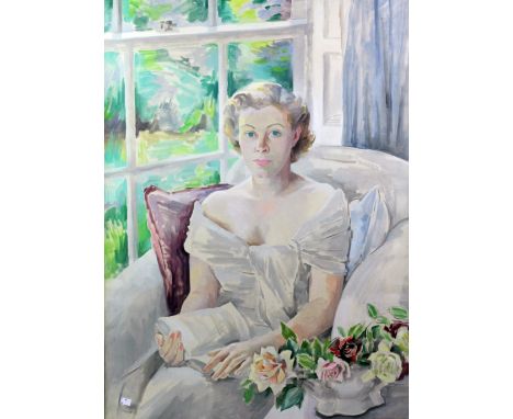 Frances J. Kelly (aka Judy Boland) (1908 - 2002)"Portrait of a Lady,"  a large half length Portrait of a lady seated by a win