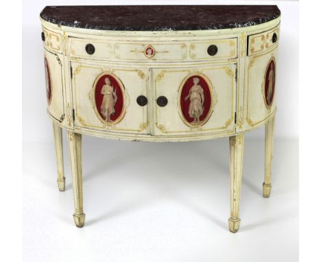 A 19th Century French demi-lune cream painted Commode, with inset marble top above two central doors with central drawer and 