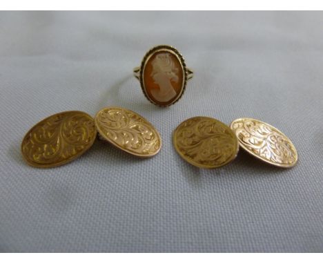 A pair of 9ct gold cufflinks and a 9ct gold cameo ring, approx total weight 5.6g