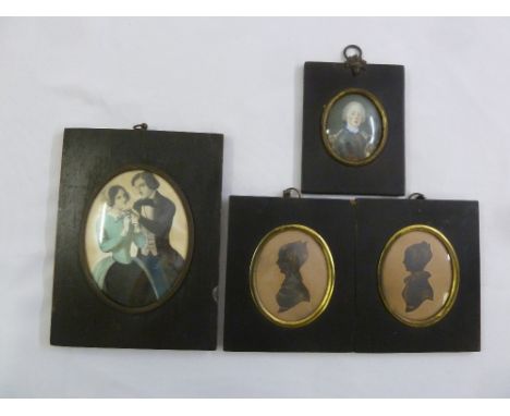 A pair of framed silhouettes, an 18th century framed miniature portrait of a gentleman and a late 19th century framed portrai