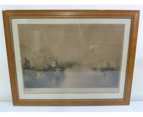 A framed and glazed monochromatic etching of The Grand Canal Venice painted by Moran 1897, 52 x 73cm