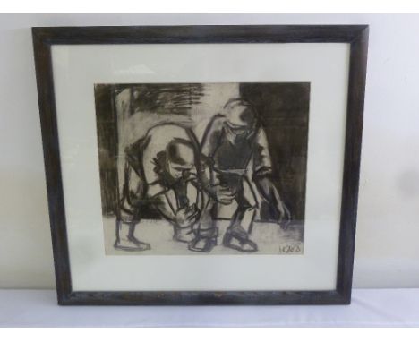 Robin Warne framed and glazed contemporary mono sketch of figures, monogrammed bottom right, 45.5 x 53cm