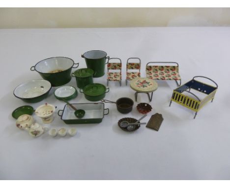 A quantity of 1950s tin plate, enamel and porcelain doll house accessories