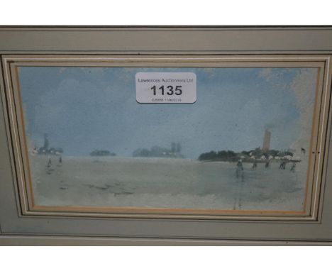 Near pair of small framed watercolours, river estuary with sailing vessels and a hillside monument, one signed indistinctly, 