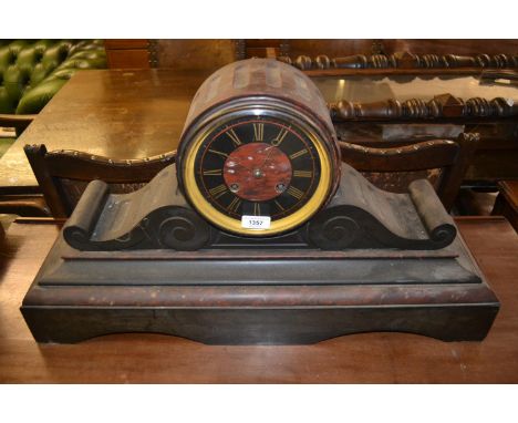 Large 19th Century black slate and rouge marble drum form mantel clock, the black slate and rouge marble dial with Roman nume