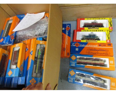 Quantity of Roco HO gauge boxed engines, carriages and goods vehicles, together with two Fleischmann boxed railway locomotive