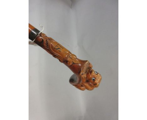 Malacca walking stick with carved dog's head handle 