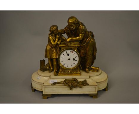 19th Century French ormolu and marble mantel clock surmounted by figures reading from a book (movement at fault) 