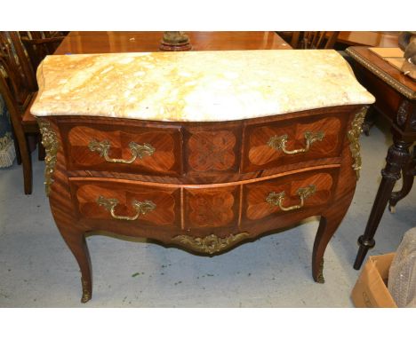 Early 20th Century French floral marquetry inlaid Kingwood commode, the Sienna marble top above two short and one long drawer