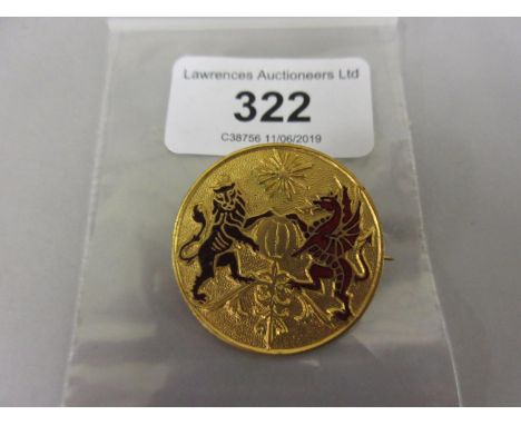 Circular gilt metal and enamel badge, England lion and Welsh dragon 
