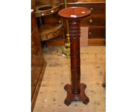 Reproduction mahogany torchere together with a reproduction mahogany sofa table and hall table 