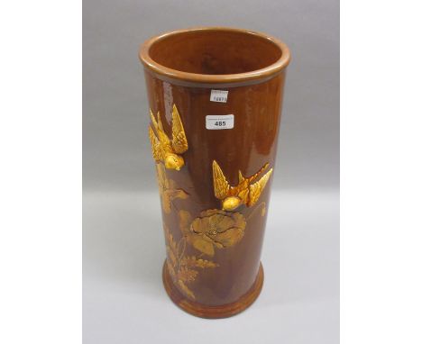 19th Century Wedgwood brown glazed pottery cylindrical stick stand relief moulded with birds and flowers 