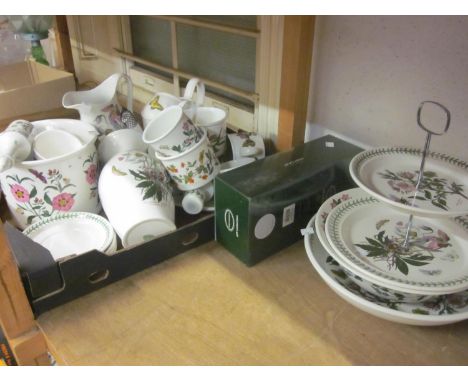 Quantity of Portmeirion Botanic Garden pattern table ware including: jug and basin, two jardinieres, two tier cake stand etc 