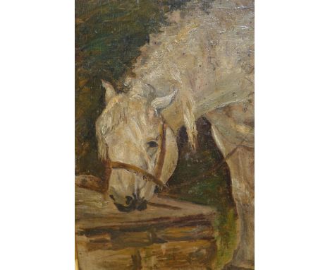 Anton Lock, oil on panel, horse at a trough (signed verso), together with three watercolours, horse studies, by same artist 