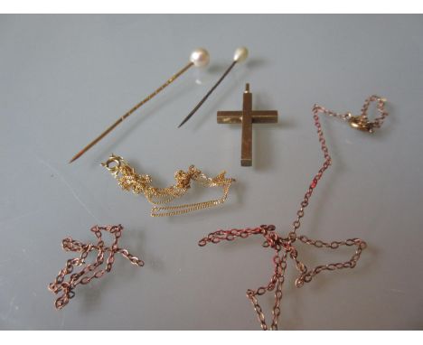 9ct Yellow gold crucifix, two pearl set pins and various chains 