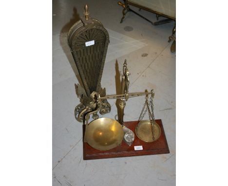 Pair of 19th Century brass balance scales on a mahogany base together with a brass fan shaped firescreen 