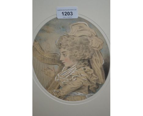 19th Century pencil and watercolour sketch of Miss Caroline Campbell playing a harp, oval mounted, bearing label verso inscri