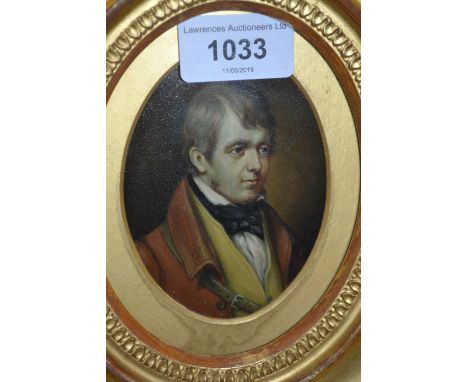 19th Century oval gilt framed portrait miniature of a gentleman wearing a red coat and yellow waistcoat 