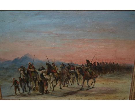 20th Century oil on canvas laid onto board, Middle Eastern scene of an Arab army on camel back, monogrammed L.M., gilt framed