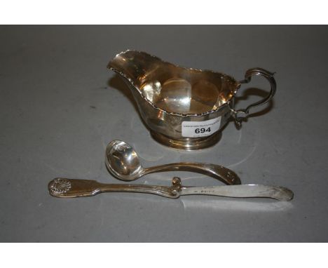 Unusual Victorian silver butter knife, maker G.A., together with a Sheffield silver sauce ladle and a Birmingham silver sauce