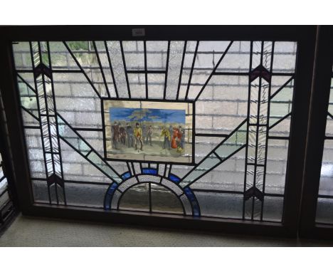 Modern leaded and coloured glass overdoor in Art Deco style, the centre panel decorated with a transfer print of an early gol