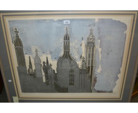Walter Hoyle, artist signed proof print, Kings College, Cambridge, 22ins x 30ins, framed 