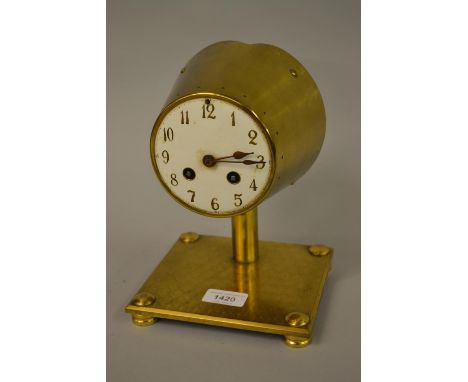 Brass pedestal cylinder clock, the enamel dial with Arabic numerals, with a two train movement, together with a mahogany dome