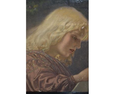 Late 19th / early 20th Century oil on canvas, head and shoulder study of a young girl reading, unsigned, 16ins x 14ins, toget