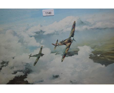 Framed Robert Taylor print, ' Dual of Eagles ' signed by the pilots, Douglas Bader and Adolf Galland (faded), together with a